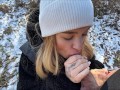 Russian blonde gave a blowjob in the forest and left, showing her ass! I'm glad about this!