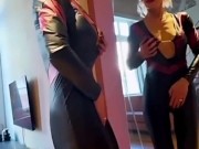 Hot blonde myth blonde dominant costume wide open her ass in front of the mirror in high heels