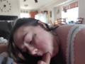 Sloppy throat fucking blowjob has her slurping and blowing cum bubbles