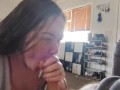 Sloppy throat fucking blowjob has her slurping and blowing cum bubbles