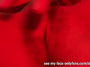 Horny girl masturbates her pussy in the club with red led lights