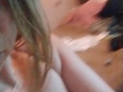 Smoking in neon pink lace bra and panties