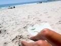 Teen couple on public beach and she touches his thin penis in front of strangers