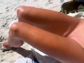 Teen couple on public beach and she touches his thin penis in front of strangers