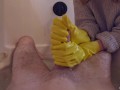 Maid saw my cock while taking a bath and came in, POV Handjob with Rubber Gloves