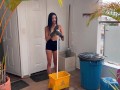 The maid is caught masturbating with the mop in public by the neighbors, she wants to fuck everyone