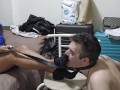 Asian foot domination, slave foot kicking cum eating