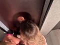 Slutty friends give blowjobs together and get their mouths filled with cum. Glory hole