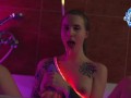 Brunette Neon Bliss: Tattooed Temptation in the Bathtub