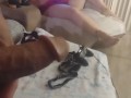 White Milf Flashes Her Pretty Pink Pussy and Hot Latino Guy Masturbates While She Plays Video Games
