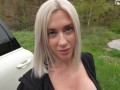 Big tits blonde hitchhiker wants me to cover her face with a big load of cum..