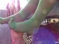 My nylon feet in green tights on your face