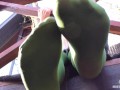 My nylon feet in green tights on your face