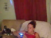 Thick white girl with long brunette hair and hazel eyes teasing in her panties playing video games