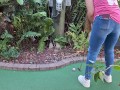 Pretty girl golfing in tight ripped jeans sfw