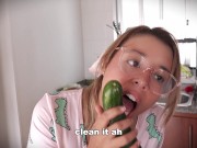 The maid fucks the vegetables. She cums in the kitchen.