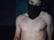 Masked man edging himself, whimpering and heavy breathing