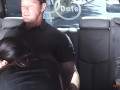 Porsha is brunette with small tits who is givving her all in a moving car.