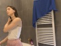 Braless hot brunette skinny and horny babe in a pink mini skirt to show her beautiful ass and legs