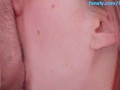 Close up blowjob with juicy cum on long tongue