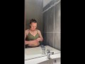 Gym girl playing with her big dildo under the shower