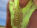 23 asian wife gives handjob on the beach in fishnet dress