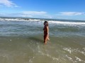 126 D tanned asian milf gets creampie on the beach washes cum off