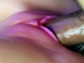 Juicy pussy close-up absorbs a portion of sperm from a big cock and slurps!