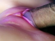 Juicy pussy close-up absorbs a portion of sperm from a big cock and slurps!