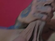 Hot inked guy with mullet takes bath after fucking blue haired gamer gf all day 😳