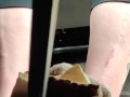 Pedal pumping ice cream sandwichs wearing white ankle socks then barefoot in my truck behind pedal
