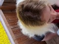 Unplanned public blowjob on a forest viewing deck, ending with a huge facial amid yellow blooms