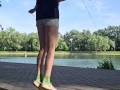 Girl jumping rope in nature