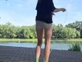 Girl jumping rope in nature