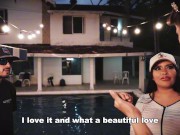 Husband gives his busty Latina a pool and she cheats on him by sucking the instructor's cock