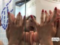 Short, tiny amateur masturbates at home with a fake dick and stream of water