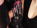 Blonde Girl gives Handjob in Latex Gloves till Cum