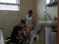 Petite slut sucking cock on toilet
