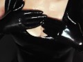Blond Girl in Latex Dress gives Handjob in her Latex Gloves till Cum