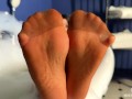 Goddess takes a bath in tan pantyhose and teases you with nylon feet
