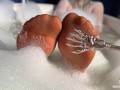 Goddess takes a bath in tan pantyhose and teases you with nylon feet
