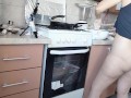 Amateur hairy brunette, big tits, sensual hairy woman in the kitchen.