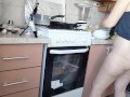 Amateur hairy brunette, big tits, sensual hairy woman in the kitchen.