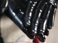 Cute Blond Girl gives Handjob in Latex Gloves and Dress till Cum on Ass