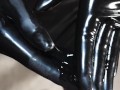 Cute Blond Girl gives Handjob in Shiny Latex Gloves and Dress till Cum on Ass