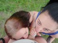 Double Blowjob in Public ends with Surprise Cum in Mouth