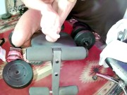 Oiled up Daddy lifts weights and plays naked!