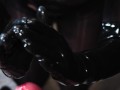 Blonde Girl in Oiled Spandex gabs Cock in Latex Gloves till Cum in her Hands
