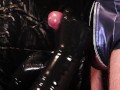 Blonde Girl in Oiled Spandex gabs Cock in Latex Gloves till Cum in her Hands