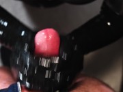 Blonde Girl in Oiled Spandex gabs Cock in Latex Gloves till Cum in her Hands